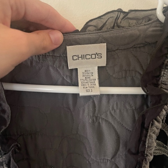 VTG CHICO Grey Metallic floral JACKET Blazer Bohemian Ruffle Artisan Sz 2 - Picture 4 of 11